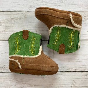 John Deere Baby /Toddler Boots SZ 3 Green/Tan Fur Lining Western